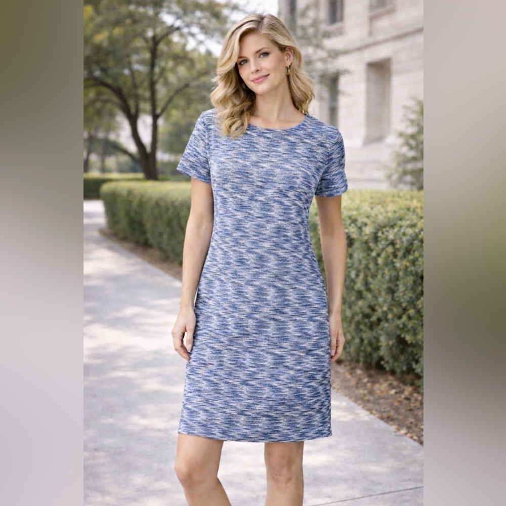 LOFT Sheath Dress 14 Blue White Short Sleeve Stretch Cotton Washable Career